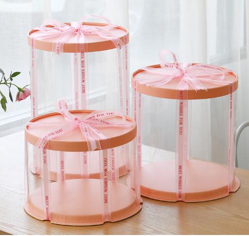 Упаковка круглая  для торта 26*26*45 прозрачная розовая