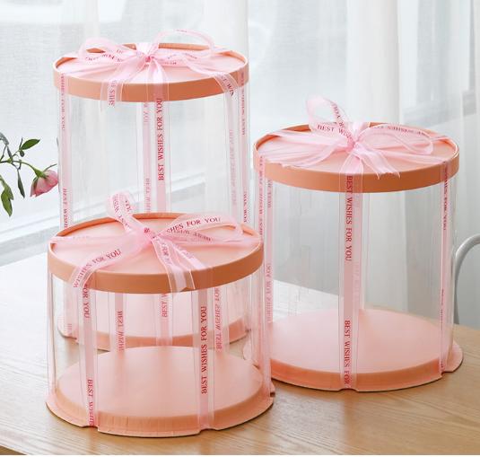Упаковка круглая для торта 22*22*45 прозрачная розовая